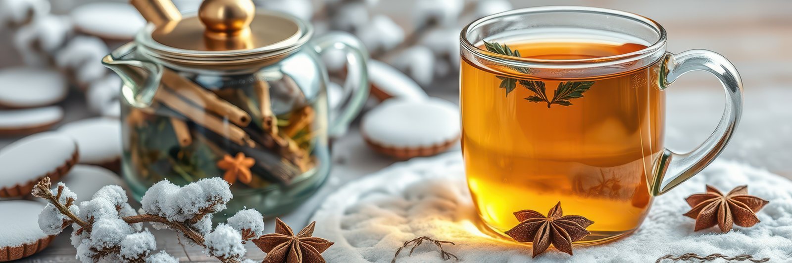 Warm herbal tea paired with spiced cookies in a cozy winter setting at home